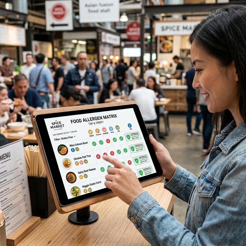 AllergenMatrix digital stall menu matrix on tablet in food court